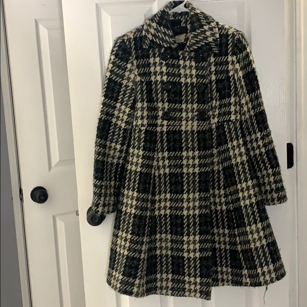 Double Breated White and Black plaid Winter Coat